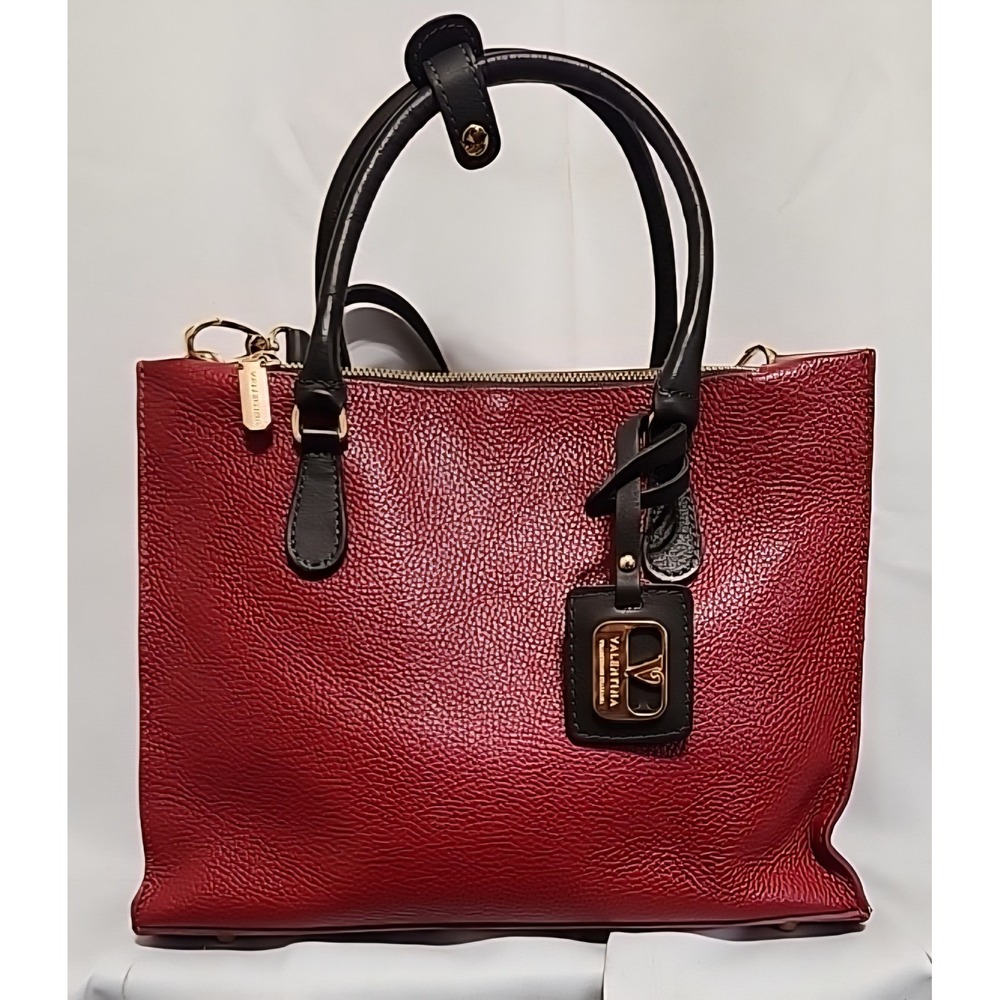 Valentina Red Pebbled Leather Tote Bag Made in Italy Triple Compartment Satchel